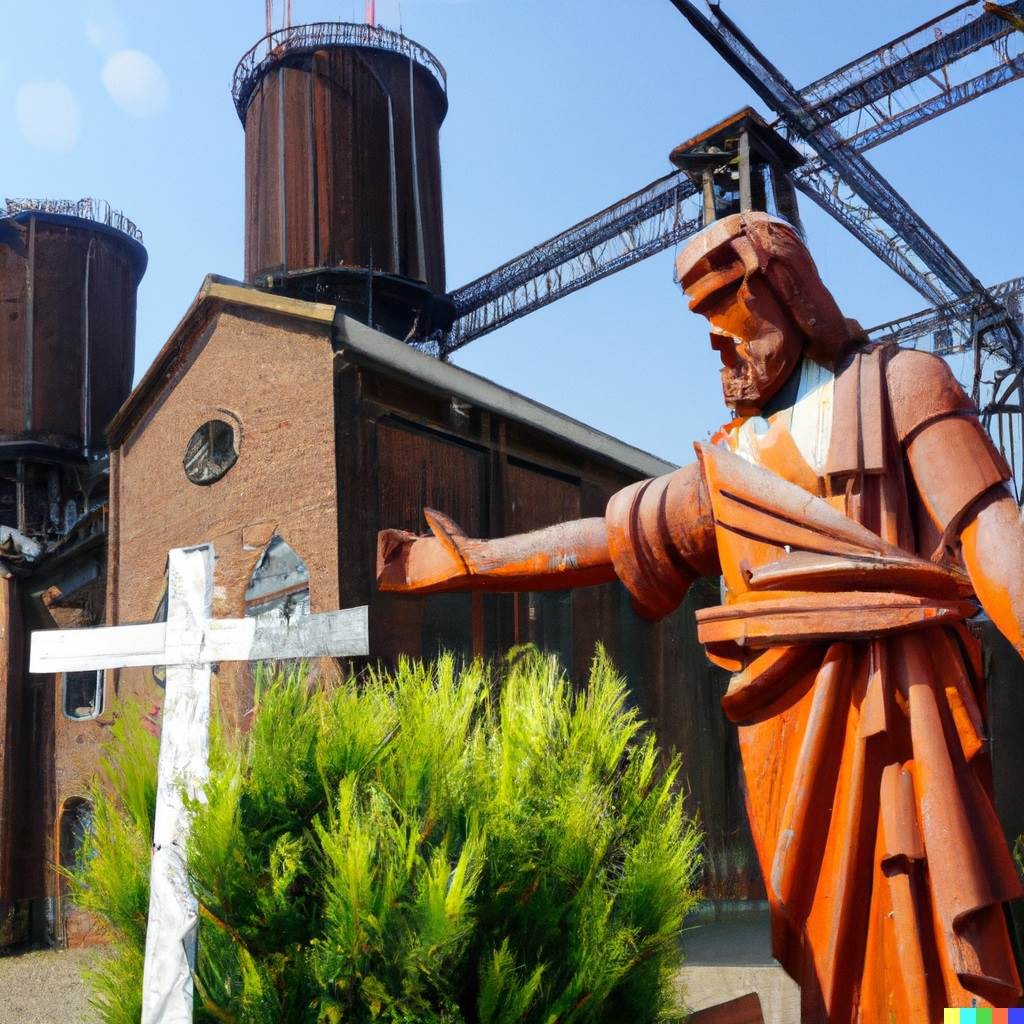 Eine Figur von Jesus mit einem Kreuz vor einer Zeche. 