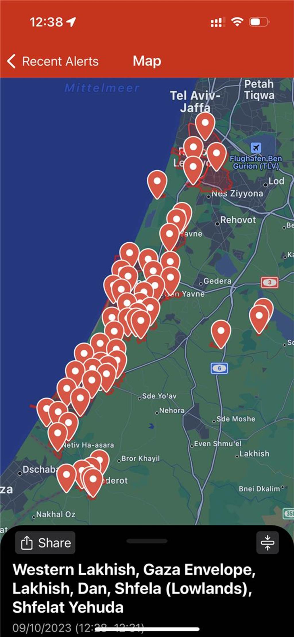 Recklinghäuser Familie erlebt die Angriffe in Israel: „Fühlten uns im Stich gelassen“ Ein Screenshot einer zivilen Warnapp