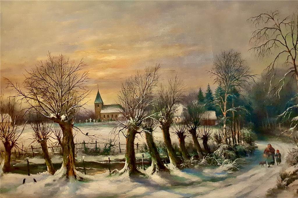 Clemens Wolter: ein Lippramsdorfer Künstler feiert seinen 150. Geburtstag Auf dem Weg vom Wolterschen Kotten ins Dorf hatte Clemens diesen Blick (Gemälde im Privatbesitz).