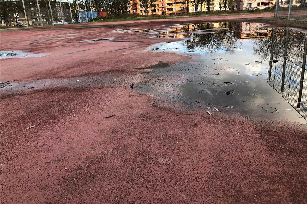 Fitness, Fußball und Laufbahn: In Scharnhorst soll ein Sportpark entstehen Auf den existierenden Multifunktionssportflächen hinter der Gesamtschule Scharnhorst steht das Wasser. Sport wird hier schwierig
