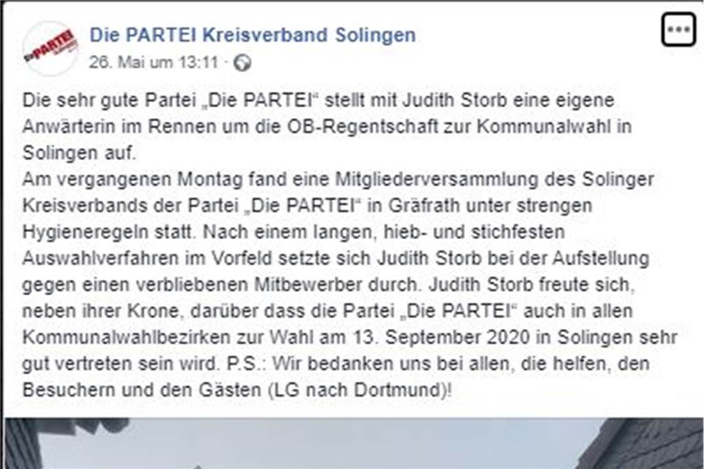 „Königin von Solingen“ will in Dortmund Oberbürgermeisterin werden Auf der Facebook-Seite des Ortsverbands Solingen der "Partei" wird die Wahl von Judith Storb zur Ob-Kandidatin für Solingen verkündet.