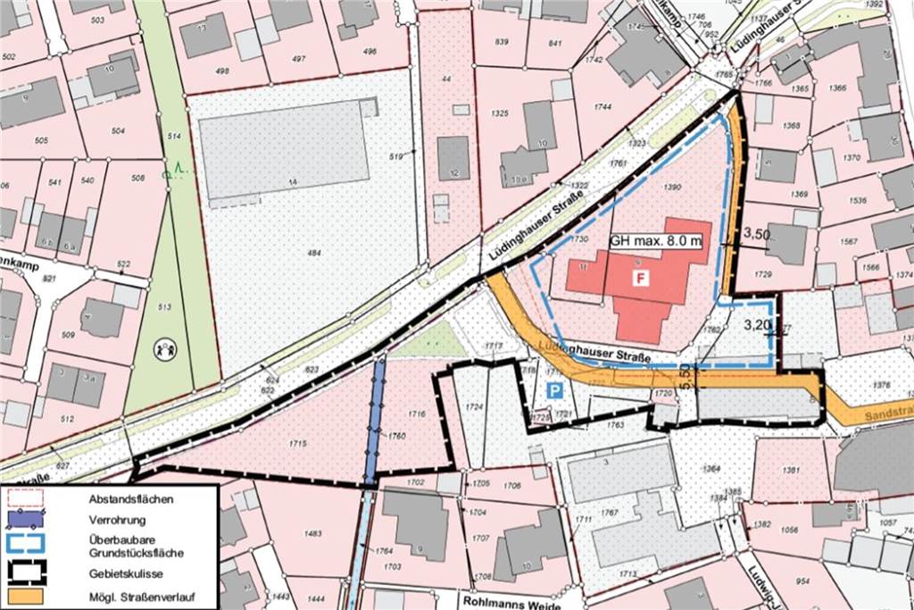 Zu groß und zu nah an den Nachbarn: Combi kommt doch nicht nach Ascheberg Auf der Fläche des Feuerwehrgerätehauses und der Rettungswache soll ein Supermarkt mit einer Verkaufsfläche von maximal 1800 Quadratmetern entstehen. Die Fläche, die bebaut werden darf, ist blau eingezeichnet. Auch ein möglicher Straßenverlauf der Sandstraße am neuen Gebäude ist zu sehen (gelbe Markierung).