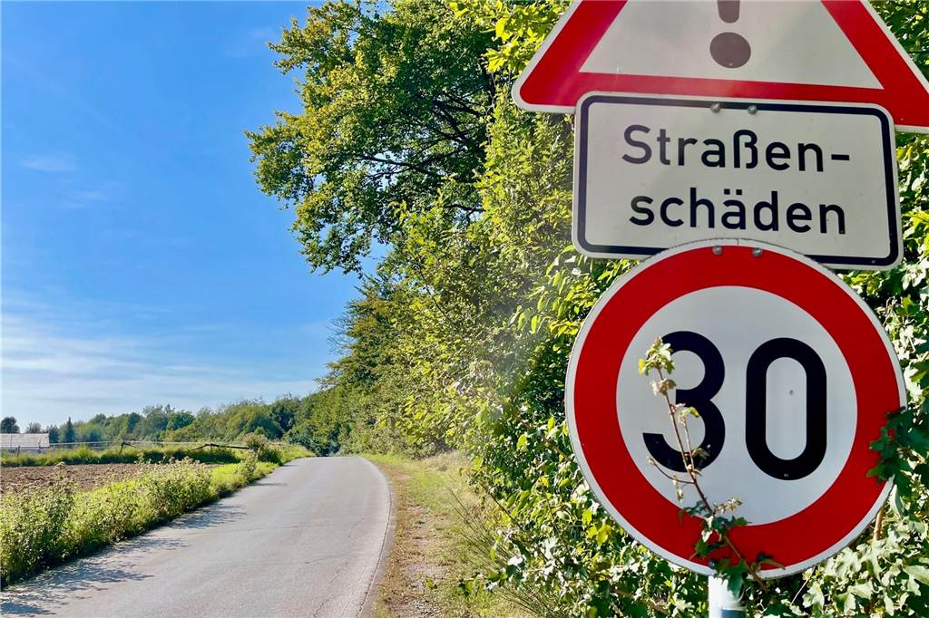Hinter dem Friedhof wird es lebensgefährlich – für Mensch und Tier Auf der gegenüberliegenden Straßenseite geht es auf einem Trampelpfad am Waldrand weiter. Im Hintergrund einer der Reitställe.
