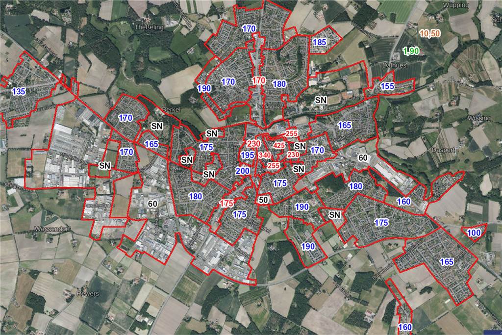 Baugrundstücke und Häuser in Stadtlohn sind vergleichsweise teuer Auf der Internetseite des Landes NRW werden die Bodenrichtwerte für jedes Wohnviertel in Stadtlohn angezeigt.