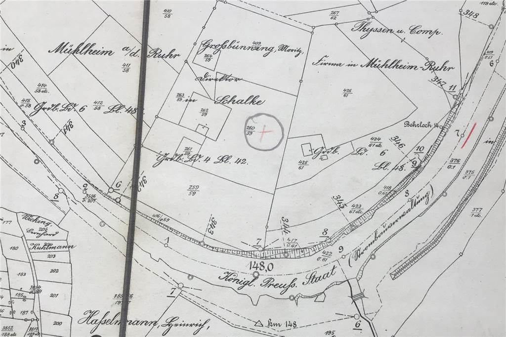 Rätsel um eine geheimnisvolle alte Villa in Dorsten endlich gelöst Auf der Karte von 1912 ist die Villa Großbüning in einer Schleife der Lippe verortet, die damals noch weiter südlich als jetzt durch Dorsten floss.