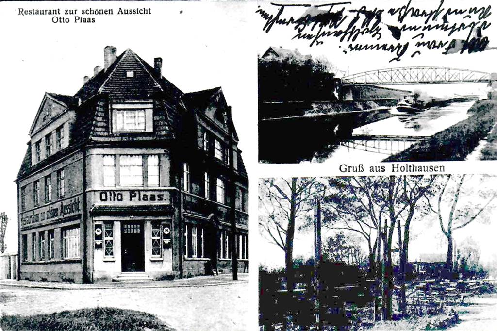 Kneipengeschichte: Als sich das Getränk in den Betonboden ätzte - für immer Auf der Postkarte ist zu erkennen, dass eine Baumreihe das Lokal "Zur Schönen Aussicht" vom Ems-Kanal trennte