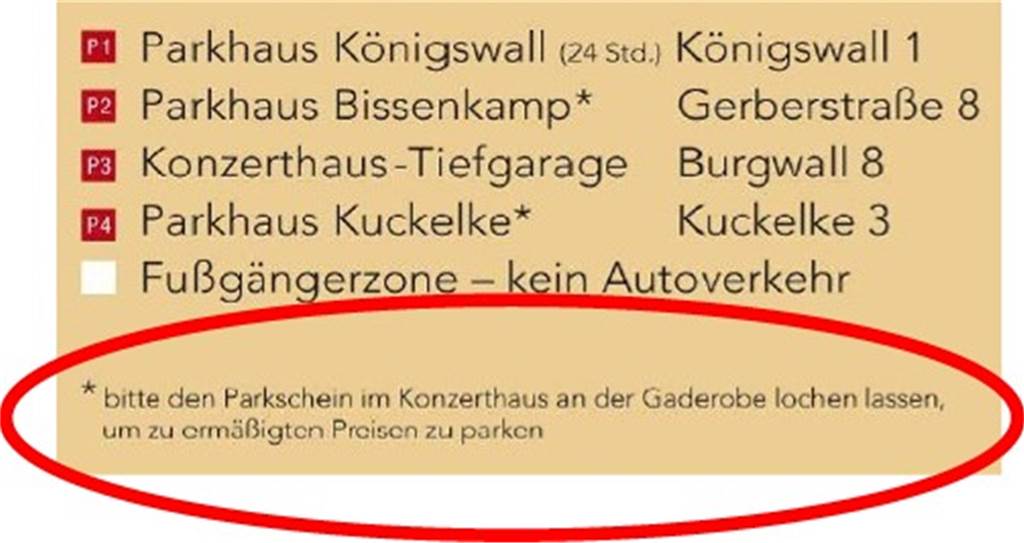 Auf der Rückseite der Eintrittskarte für das Orgelkonzert wird Besuchern, die mit dem Auto gekommen sind, ein ermäßigter Parkpreis angeboten.