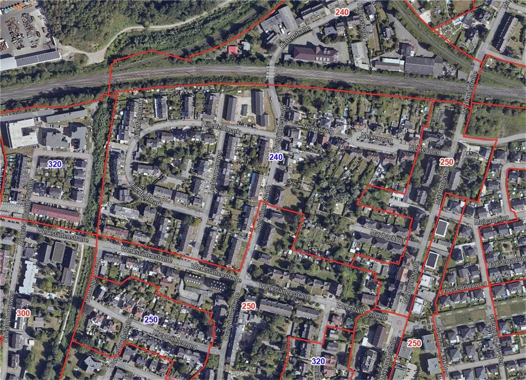 Der Screenshot zeigt einen Kartenausschnitt mit den Bodenrichtwerten in einem Bereich des Stadtteils Hillerheide in Recklinghausen.