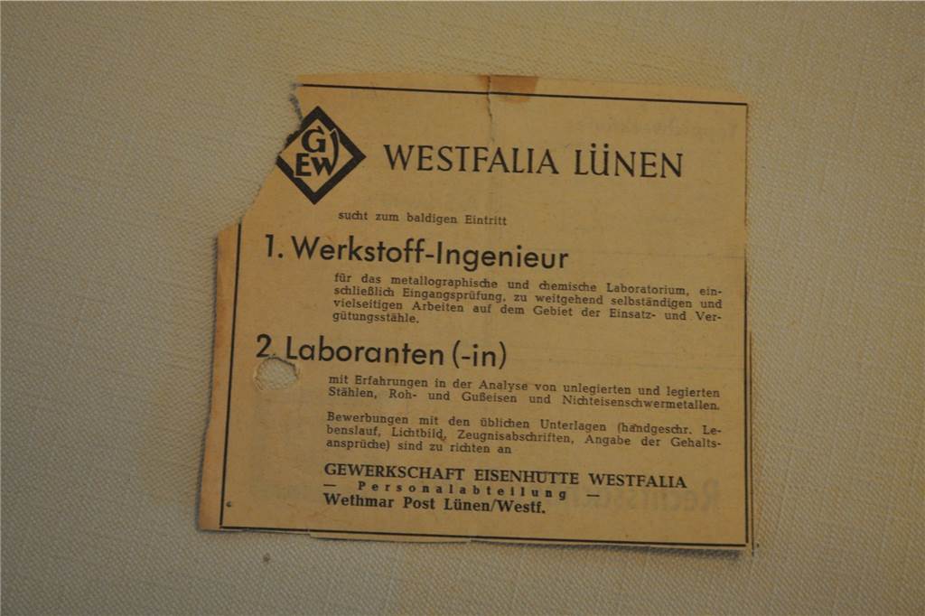 Eisenhütte Westfalia bis Caterpillar: Ehemalige Mitarbeiter betroffen über Schließungs-Pläne Auf diese Anzeige hat sich Dieter Busch Mitte der 60er-Jahre bei der Westfalia beworben. 30 Jahre lang war er dort im Labor tätig.