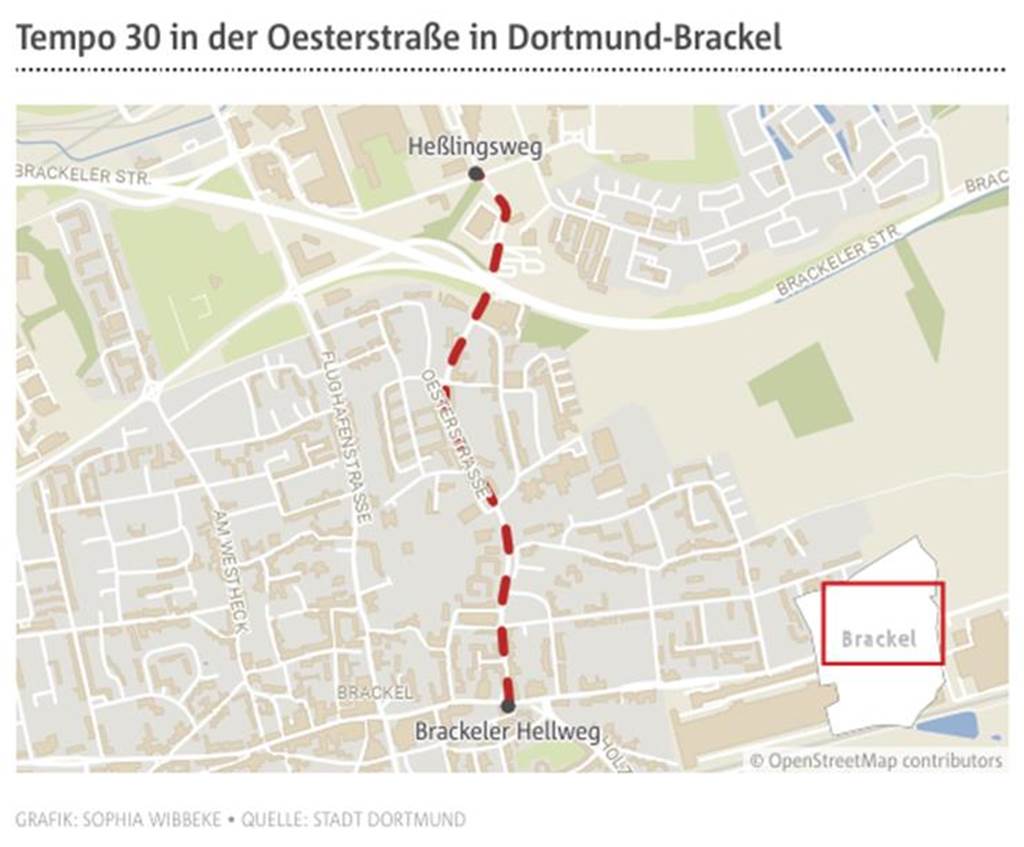 Tempo 30 in wichtiger Verbindungsstraße: Zwei weitere sollen folgen Karte mit der Markierung des Tempo 30 Bereichs in der Oesterstraße.