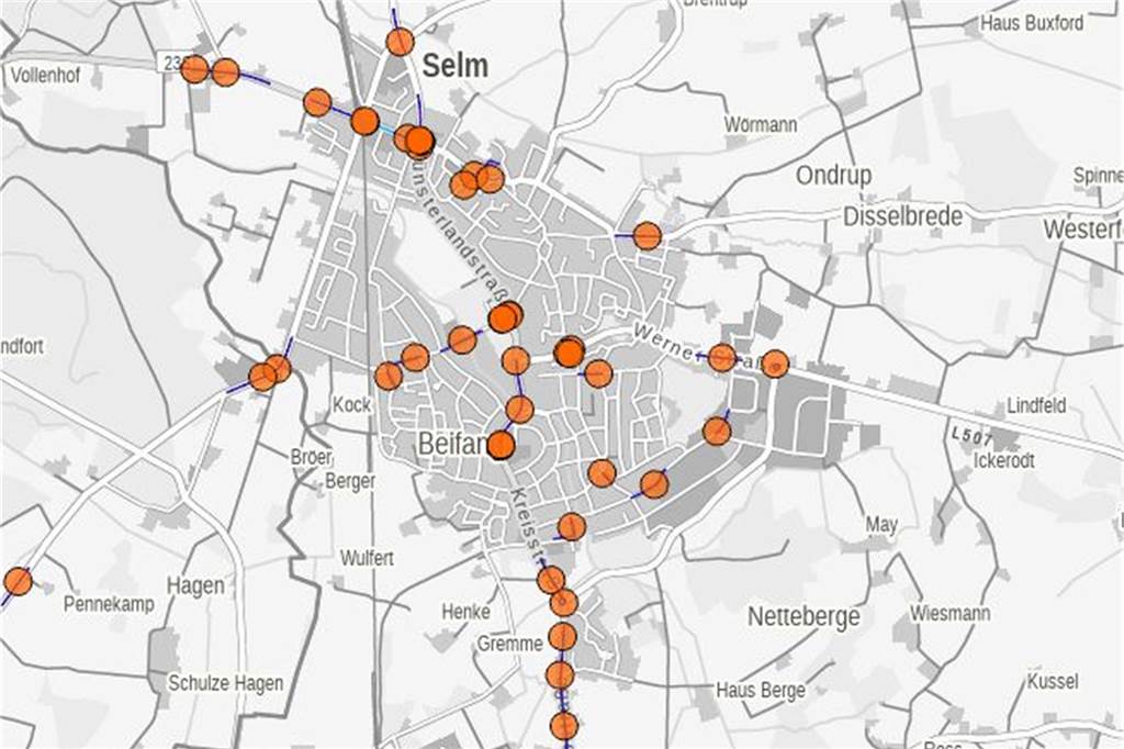 Unfallatlas anklicken: Hier hat es 2019 in Selm am häufigsten gekracht Auf diesem Ausschnitt der Karte von IT.NRW ist zu sehen, wo sich die Unfälle in Selm 2019 verteilt haben.