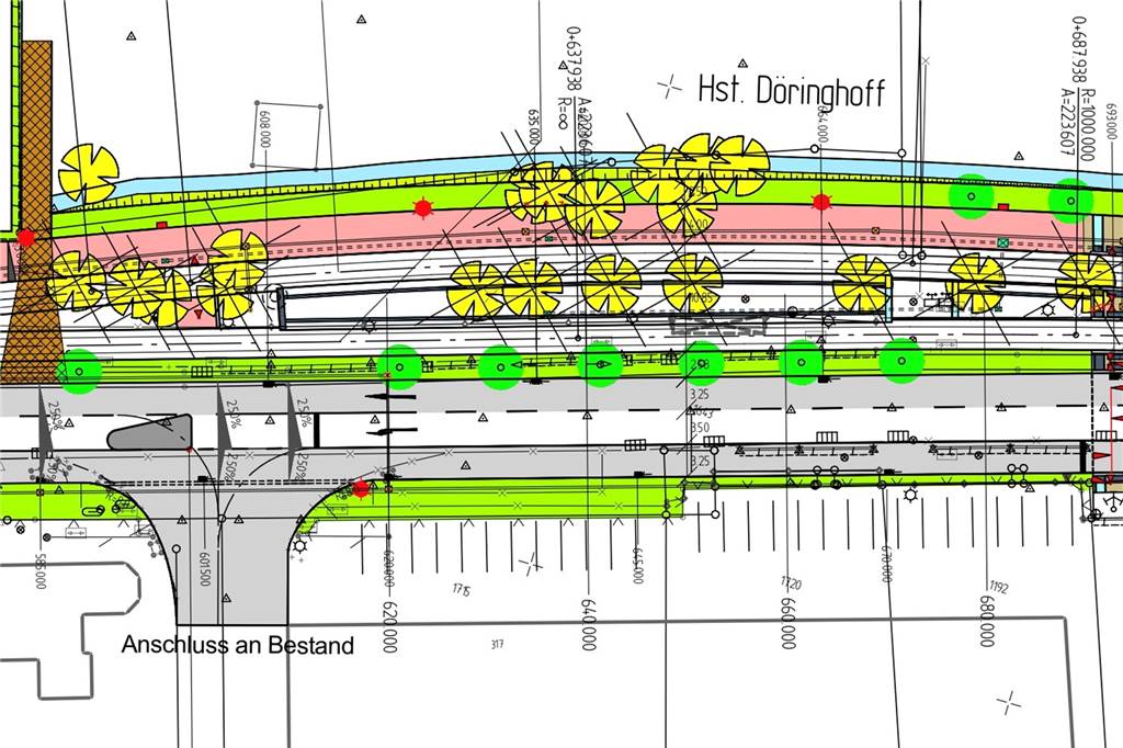 Zweigleisiger U43-Ausbau: Stadt und DSW21 reagieren auf Skeptiker Auf dieser Grafik ist zu erkennen, wie sich der Straßenraum künftig aufteilt. Es gibt Grünstreifen, Fahrradwege, Stadtbahngleise und Fahrspuren für Autos