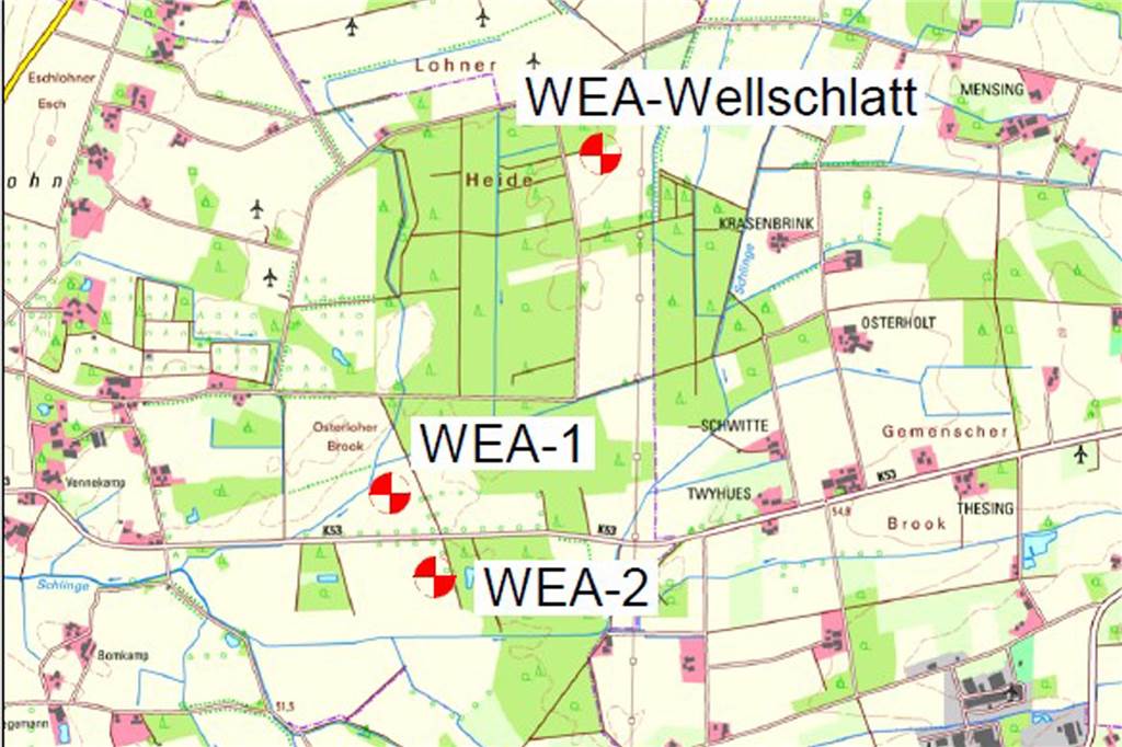 23 Millionen Investition: Drittes Windrad in Lohner Heide vor dem Bau Standortkarte Windenergieanlagen im Maßstab 1:25.000