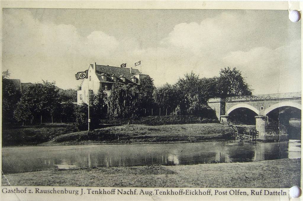 Erinnerung an die Rauschenburg und Gasthaus Lohmann Auf dieser Postkarte ist die Rauschenburg mit Hitlerfahne zu sehen.