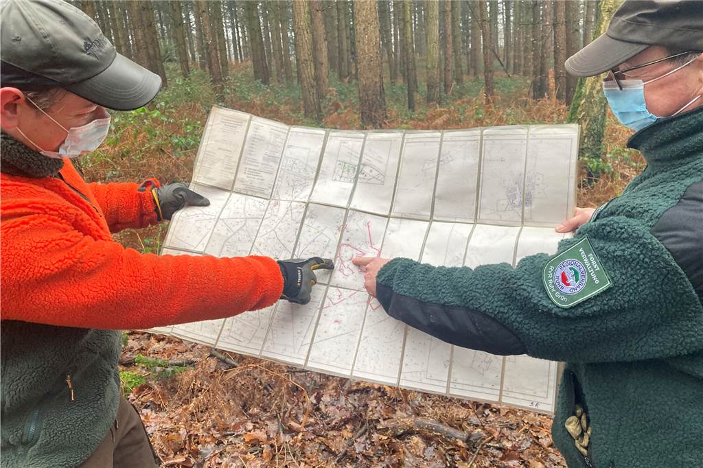Waldschutz in der Haard: RVR-Ranger bringen restaurierte Nistkästen an Auf einer Karte sind die Hängelinien eingezeichnet.