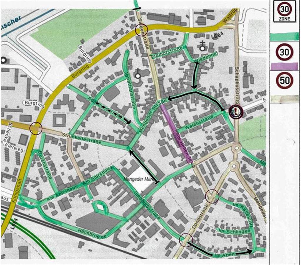 Mengeder Bezirksvertreter fordern mit List weiterhin Tempo-30-Zone Skizze der Straßen im Mengeder Ortskern mit farbigen Markierung zu den unterschiedlichen Höchstgeschwindigkeiten.
