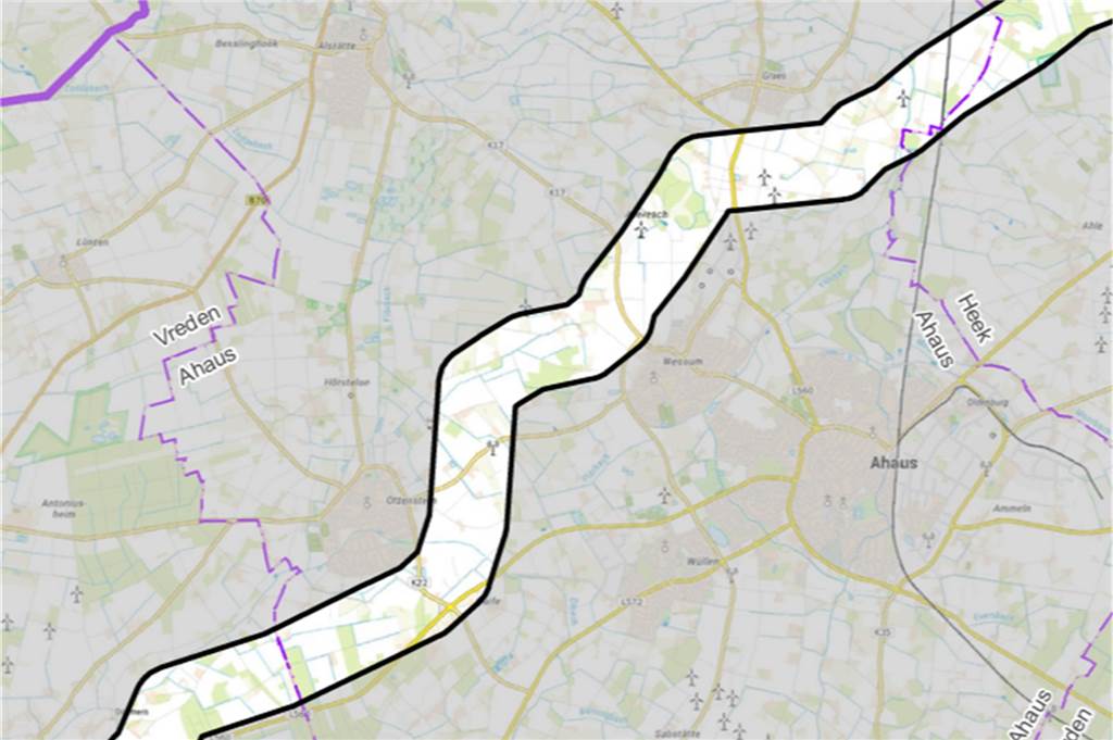 Stromleitung A-Nord schneidet sich auf 15 Kilometern durch Ahauser Gebiet Auf gut 15 Kilometern führt die einen Kilometer breite Trasse der Höchstspannungsleitung A-Nord über Ahauser Gebiet. Verläuft alles nach Plan sollen die rund dreijährigen Bauarbeiten schon 2024 beginnen.