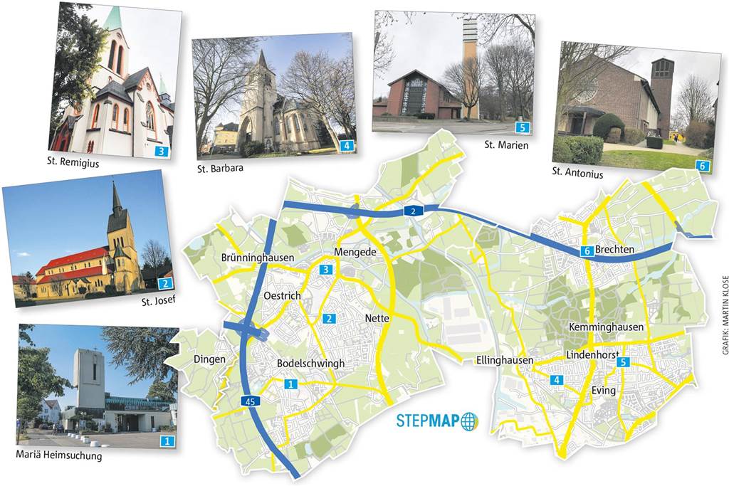 Grafik mit Karte der Stadtbezirks Mengede und Eving und Fotos der sechs katholischen Kirchen.  