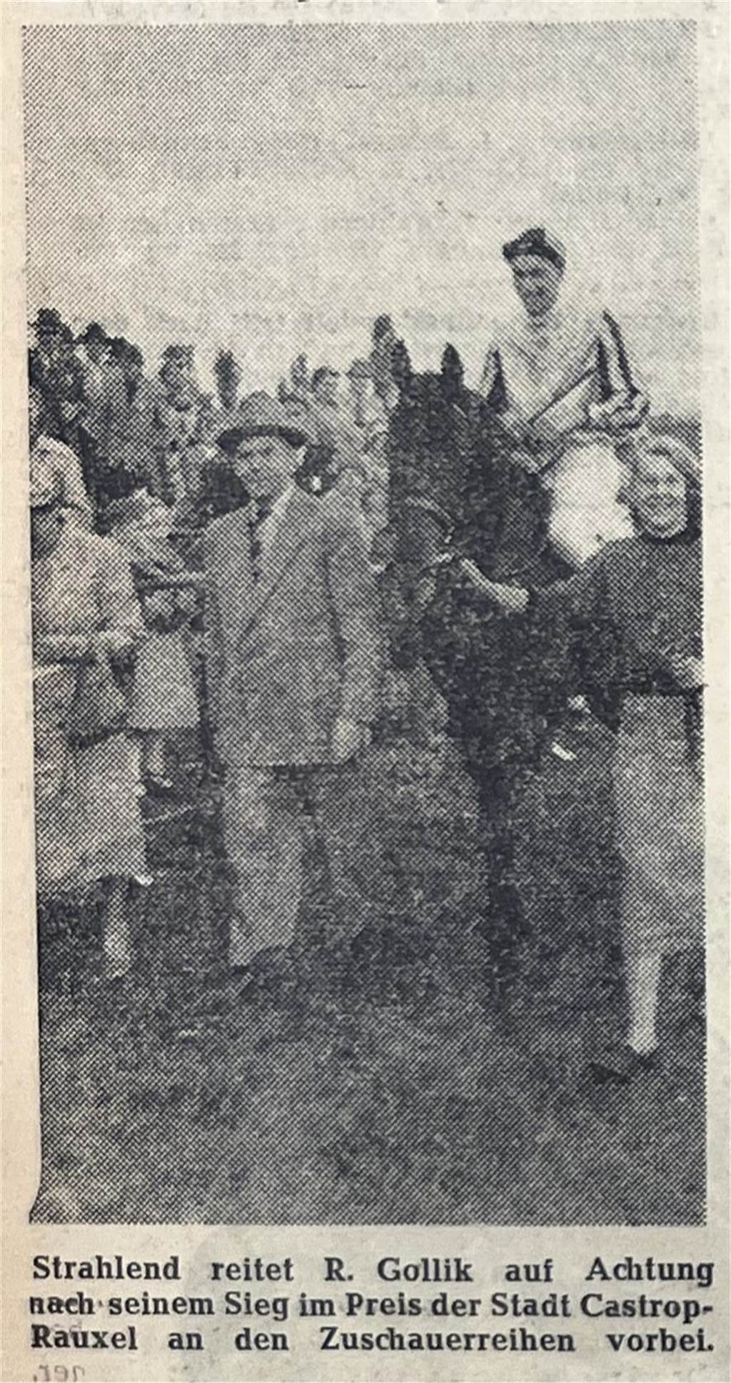 Als 1954 Pferderennen und WM-Endspiel auf einen Tag fielen Auf seinem Pferd „Achtung“ gewinnt R. Gollik den Preis der Stadt Castrop-Rauxel.