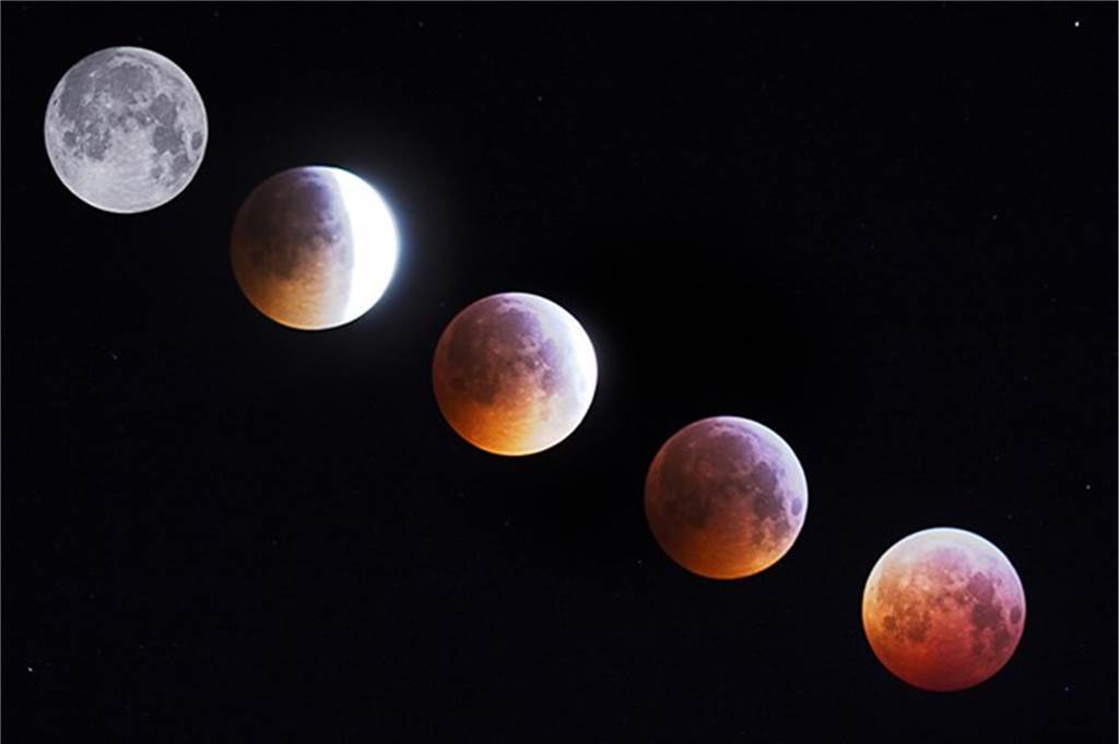 Mondfinsternis 2019 Komposit des Verlaufs bis zur Totalen.