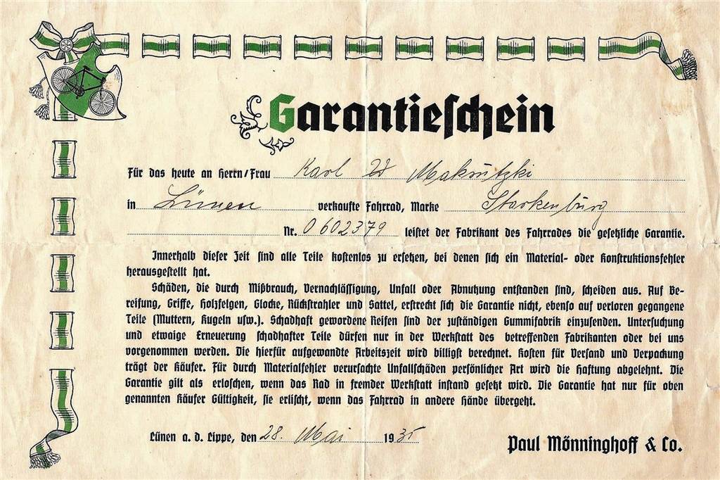 Aus unserem Firmenarchiv:28. Mai 1935 - Garantieschein