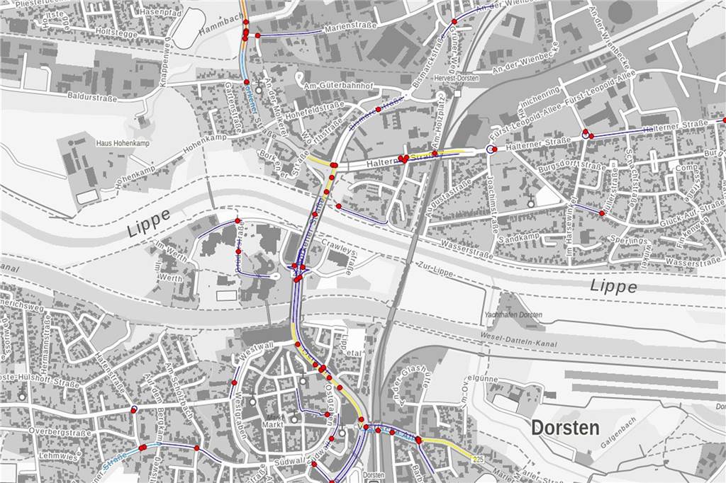 Karte zeigt: Hier überall hat es in Dorsten auf den Straßen gekracht Ausschnitt aus dem Unfall-Atlas mit einigen Unfall-Schwerpunkten in Dorsten.
