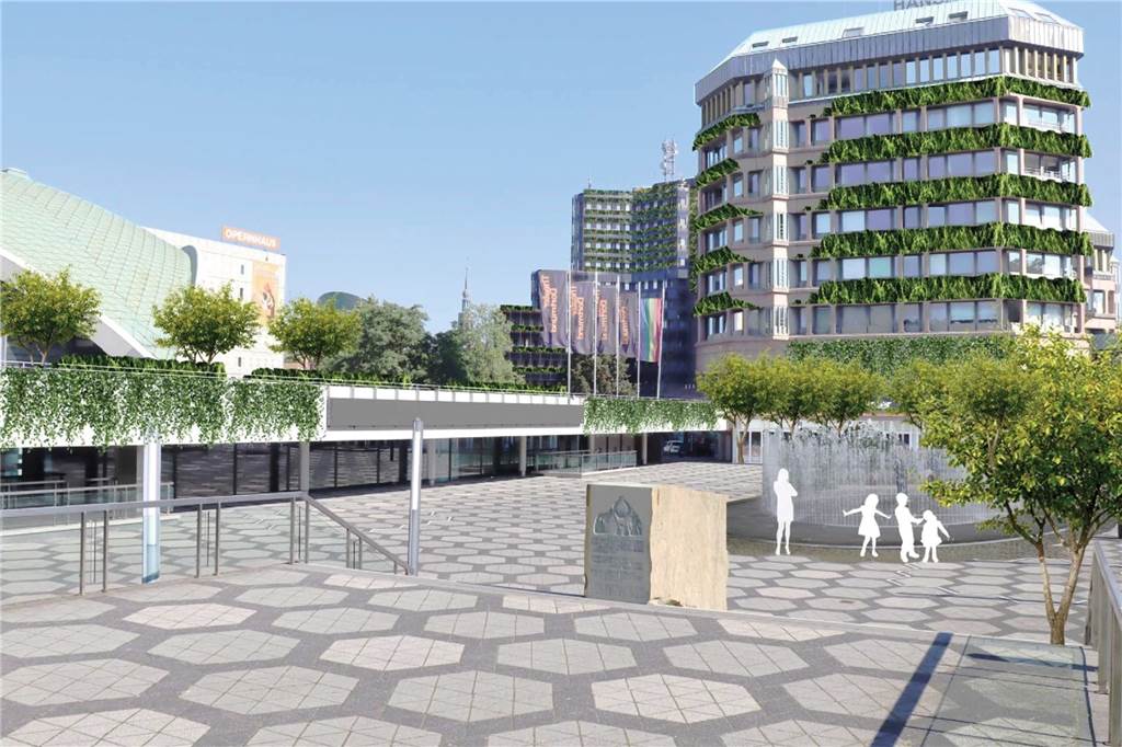Grüne Pläne: Dortmunder City könnte völlig anders aussehen Bäume, grüne Ranken und ein Brunnen - so könnte der Platz der alten Synagoge vor dem Opernhaus klimaresistent gemacht werden.