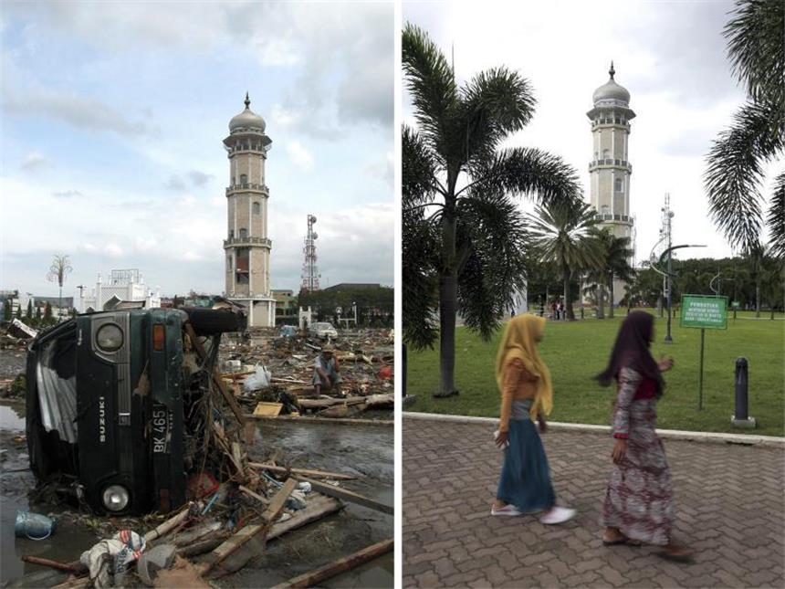 Plan-Chefin: «Wiederaufbau nach Tsunami hat gut funktioniert» Banda Aceh am 26. Dezember 2004 (l) und dieselbe Stelle zehn Jahre später. Foto: Hotli Simanjuntak