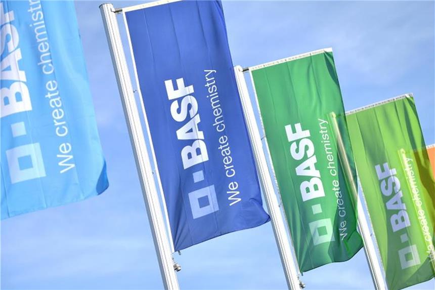 Brüssel: Geschäftsverkäufe von Bayer an BASF unter Auflagen BASF-Fahnen wehen im Wind. Foto: Uwe Anspach/Archiv
