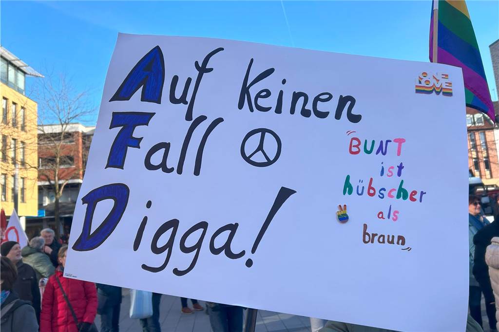 Bei der Demo gegen Rechts am Samstag in Lünen waren auch etliche Schilder zu sehen. Die Sprüche waren kreativ.