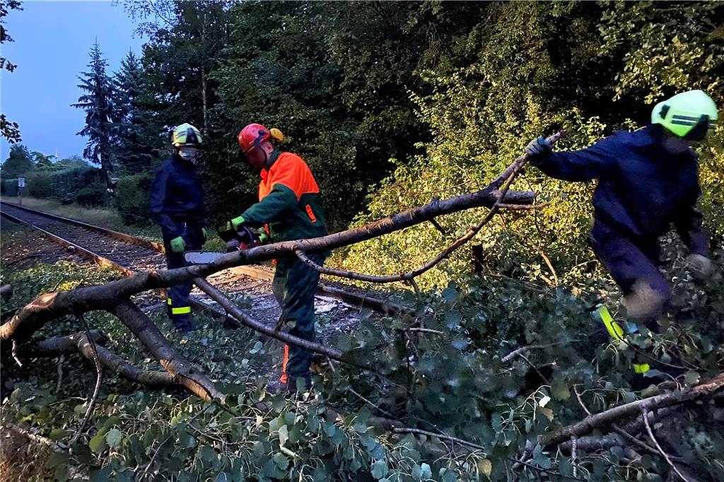 Bei der durch Gewittersturm blockierten Bahnstrecke im Dorstener Norden am 13. August rückten die hauptamtlichen Kräfte ohne Verstärkung aus.