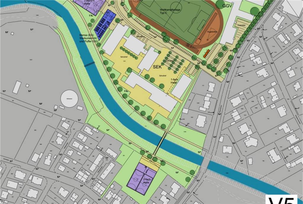 Schulcampus: Anwohner besorgt wegen des Standorts der Zweifachturnhalle Bei der vom Rat beschlossenen Variante 5 liegt die Zweifachturnhalle jenseits der Berkel auf dem Gelände des Abenteuerspieltzes und muss eigens mit einer neuen Brücke erschlossen werden.