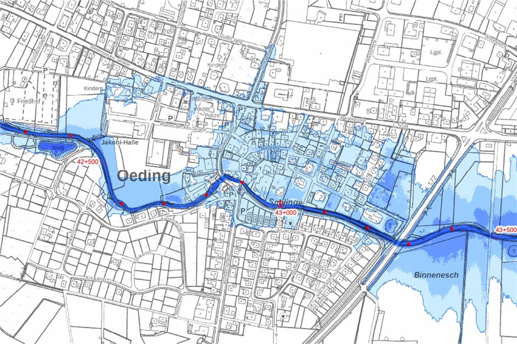 Karte: Diese Häuser und Gebiete in Südlohn wären von Hochwasser betroffen Bei einem extremen Hochwasser ist der gesamte Ortskern von Oeding von Überschwemmungen betroffen.