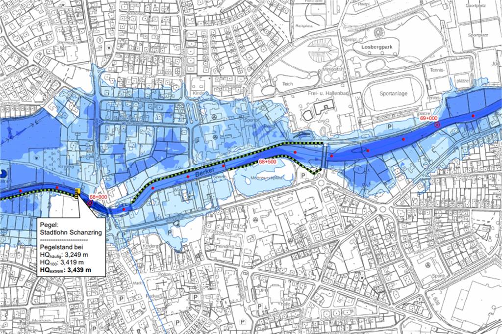Karte: Diese Häuser und Gebiete in Stadtlohn wären von Hochwasser betroffen Bei einem Extremhochwasser versagen die Schutzeinrichtungen und zahlreiche Wohngebiete werden überflutet.