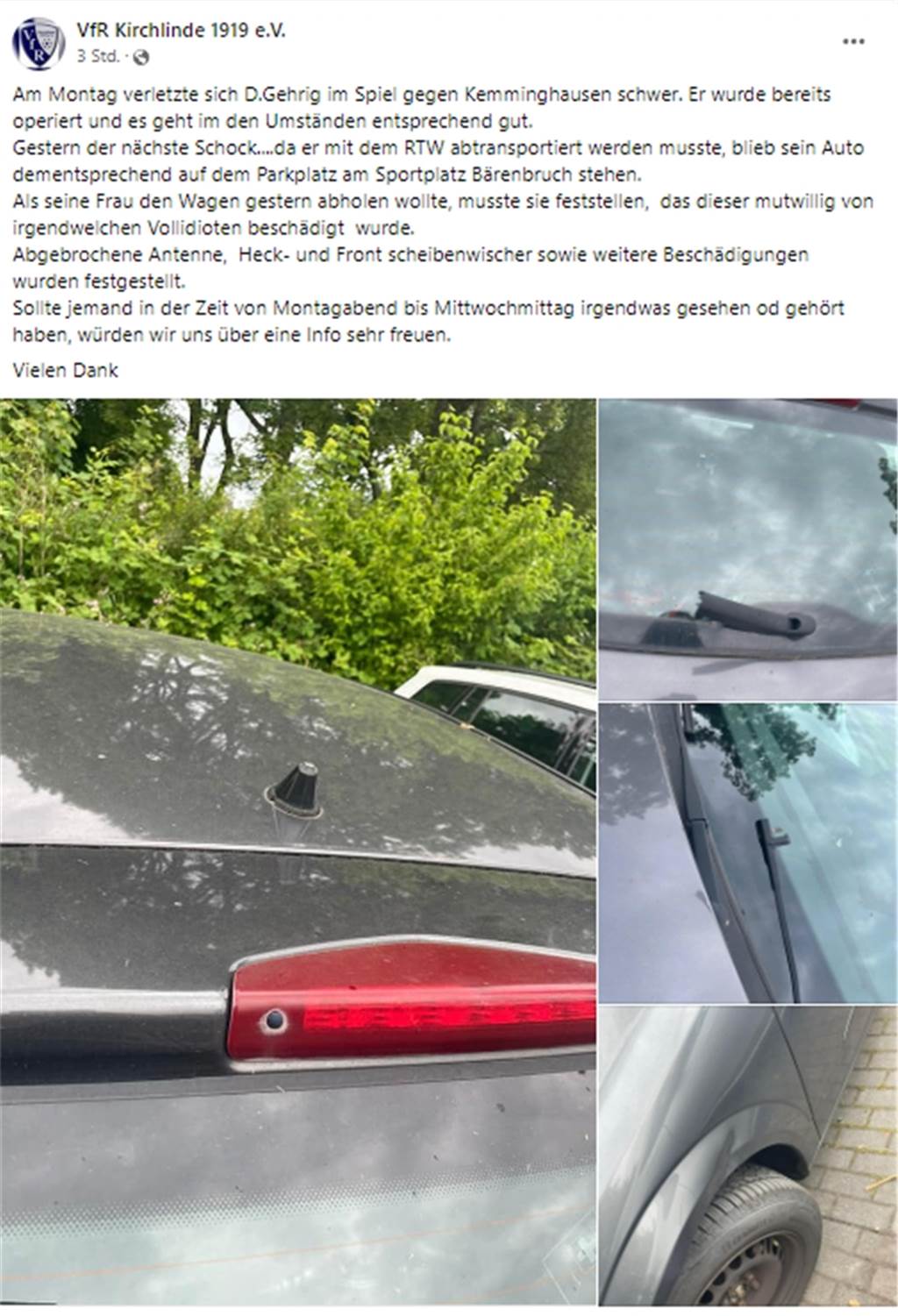 Fußballer des VfR Kirchlinde muss ins Krankenhaus – seine Frau erlebt böse Überraschung Bei Facebook veröffentlichte der VfR Kirchlinde diesen Beitrag.