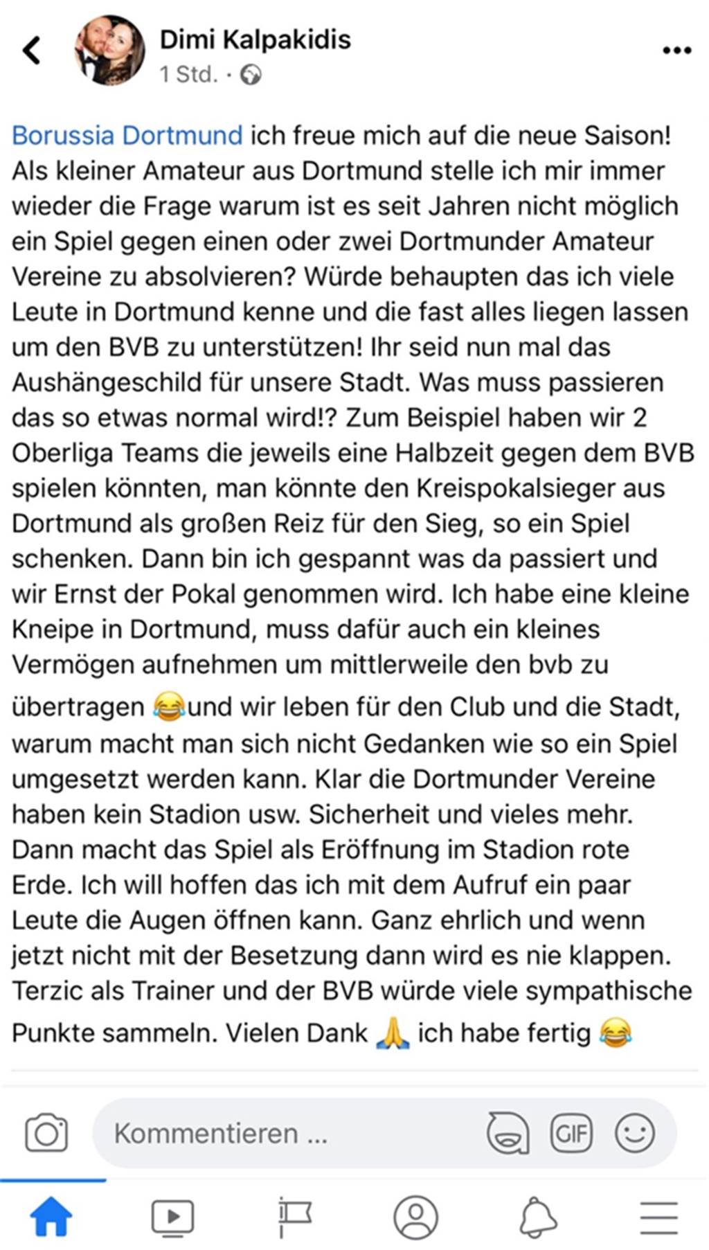 Dimitrios Kalpakidis will den BVB als Testspielgegner – Aki Watzke soll schon Bescheid wissen Bei Facebook veröffentlichte Dimitrios Kalpakidis diesen Beitrag.