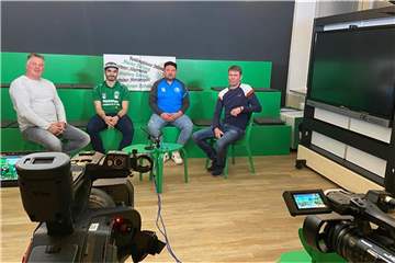 Beim Sporttalk zum Hertener Derby: (v.l.) Henry Schoemaker, Nikolaos Triantafillidis, Kevin Korinth und Sebastian Schneider.
