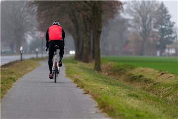 Ein Radfahrer fährt an einer Landstraße entlang.