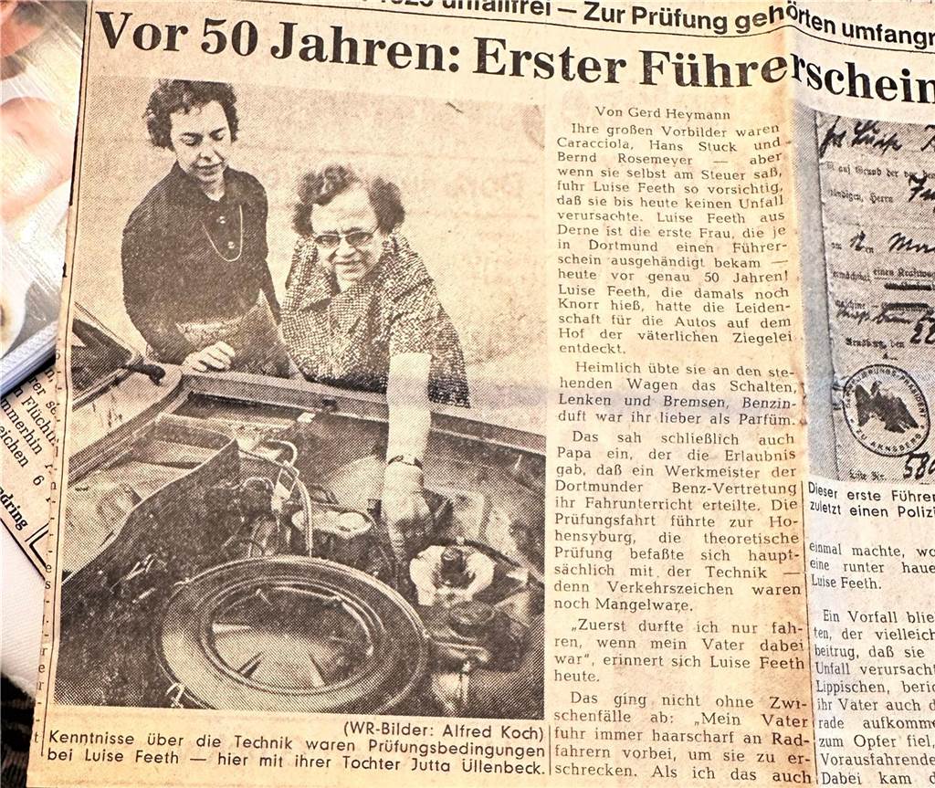 Dortmunds erste Frau mit Führerschein: Luise Feeths Tochter erzählt Ein Ausschnitt eines alten Zeitungsberichts über Luise Feeth.