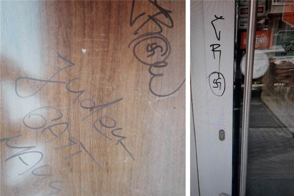 „Entsetzlich“: Restaurant von jüdischen Betreibern mit Hakenkreuzen beschmiert Beschmierungen an Tisch (l.) und Tür (r.), ziehen nun Ermittlungen des Staatsschutz nach sich.