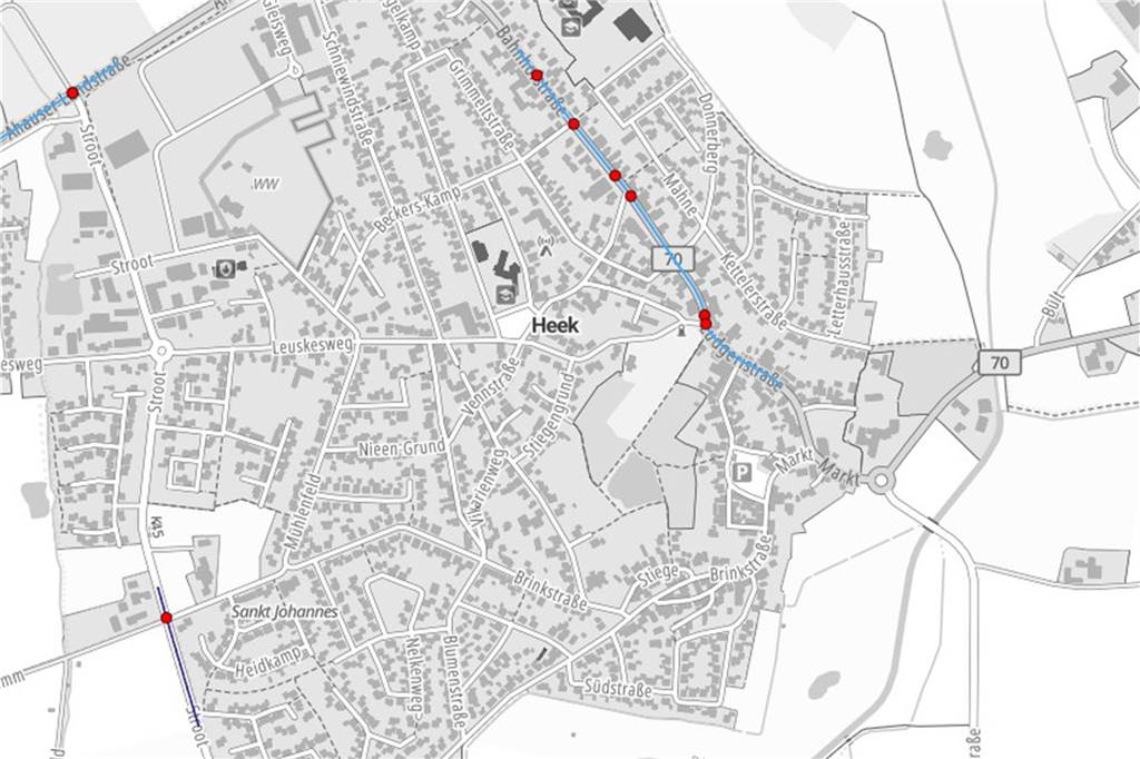 Besonders häufig gekracht hat es 2023 in Heek auf dem Straßenverlauf Bahnhofstraße/Ludgeristraße: Im Unfallatlas sind für die Bahnhofstraße/Ludgeristraße insgesamt sechs rote Punkte eingezeichnet, die die Unfälle darstellen.