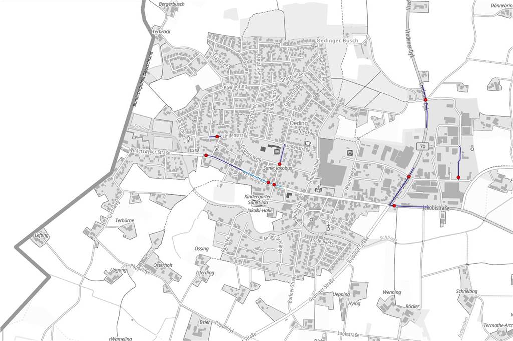 Ein Toter und ein Schwerverletzter: Drei Straßen besonders betroffen Besonders häufig gekracht hat es 2023 in Oeding auf den zwei Straßenverläufen Winterswijker Straße und Vredener Straße: Im Unfallatlas sind hier insgesamt sechs rote Punkte eingezeichnet, die die Unfälle darstellen.