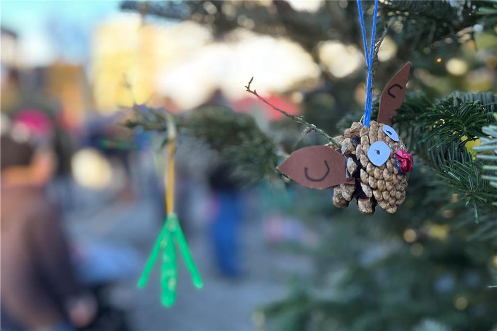 „Knut“ feiert Premiere: Bürger fällen Weihnachtsbaum auf Schwerin Baumbehang aus einem Tannenzapfen.