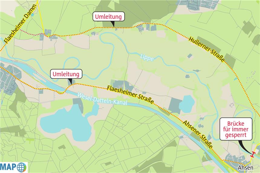 So lang ist der Umweg wegen der gesperrten Lippebrücke So lang ist der Umweg wegen der gesperrten Lippebrücke