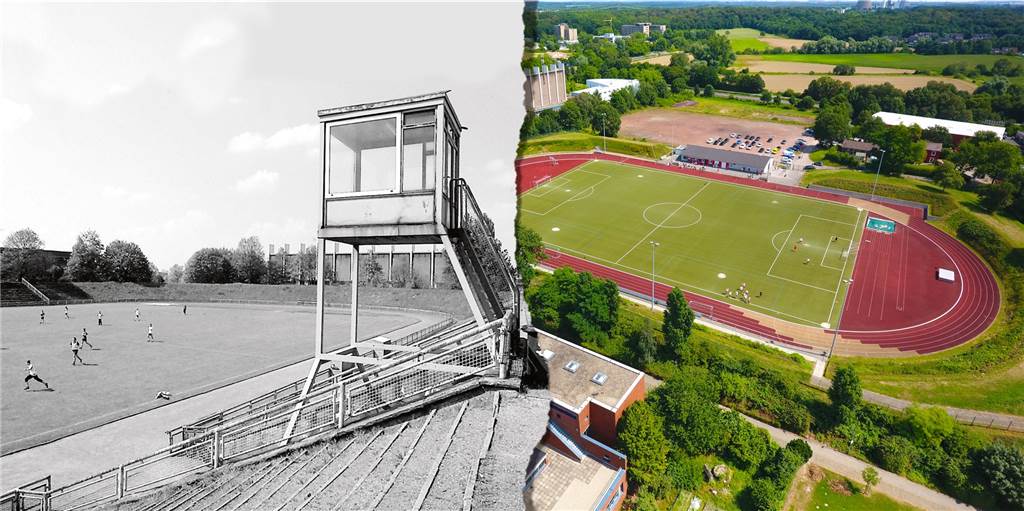 2003 gab es gute Nachrichten für Castrop-Rauxeler Ascheplatz-Fußballer Vorher und nachher: Das alte Stadion an der Bahnhofstraße mit seinem Sprecherturm wurde nach dem Beschluss von 2003 in eine moderne Kunstrasenanlage umgewandelt.
