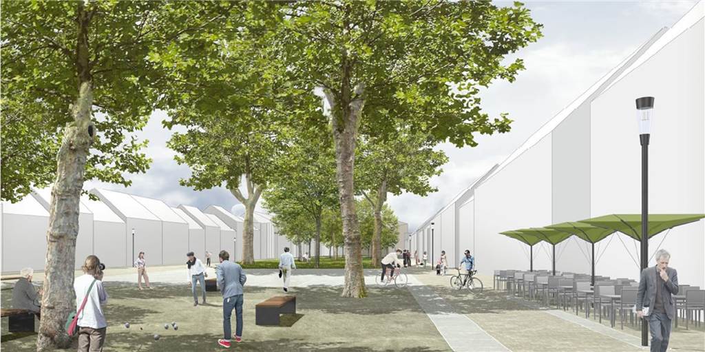 Pläne für Ahauser Wallstraße: Promenade, Außengastronomie und deutlich weniger Parkplätze In der Nähe des Rathauses könnte unter den Bäumen ein Platz zum Boulespielen entstehen, im Hintergrund ist die multifunktional nutzbare Fläche angedeutet.