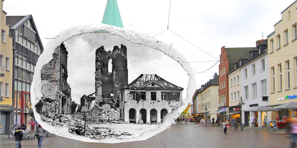 Als das alte Dorsten in einem flammenden Bomben-Inferno in Schutt und Asche versank Diese Fotomontage von Karlheinz Stroetzel ziert den Flyer zu den leider ausgefallenen Gedenkveranstaltungen.