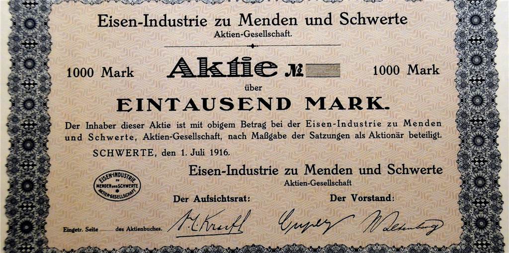 Wer kauft Hoesch Schwerter Profile? Arbeitnehmer haben viele Zugeständnisse gemacht 1000 Mark war im Jahre 1916 diese Aktie des Vorgängerbetrieb von Hoesch Schwerter Profile, die Eisen-Industrie zu Menden und Schwerte, wert.