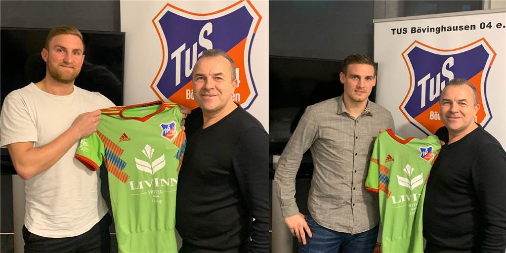 Bei Saisonverlängerung: Komplett neue Teams könnten ohne Probleme auflaufen Laufen Patrick und Kevin Rudolph, hier zusammen mit TuS-Chef Ajan Dzaferoski, bei einer möglichen Fortsetzung der Saison im September schon für den TuS Bövinghausen auf? Oder kicken sie noch für ihren alten Verein, den SV Schermbeck?