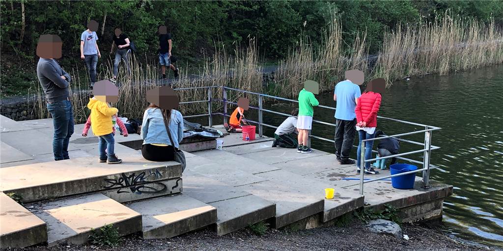 Väter und Söhne angeln illegal Goldfische: „Brauchen wir für den Gartenteich“ Ganze Familien versammeln sich am Regenrückhaltebecken an der geteilten Brücke zwischen Hörde und Phoenix-West, um Goldfische für den Gartenteich zu angeln.